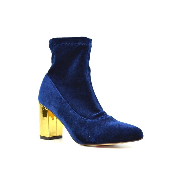 Gold Heel Pointy Toe Velvet Sock Ankle Booties - Picture 3 of 5